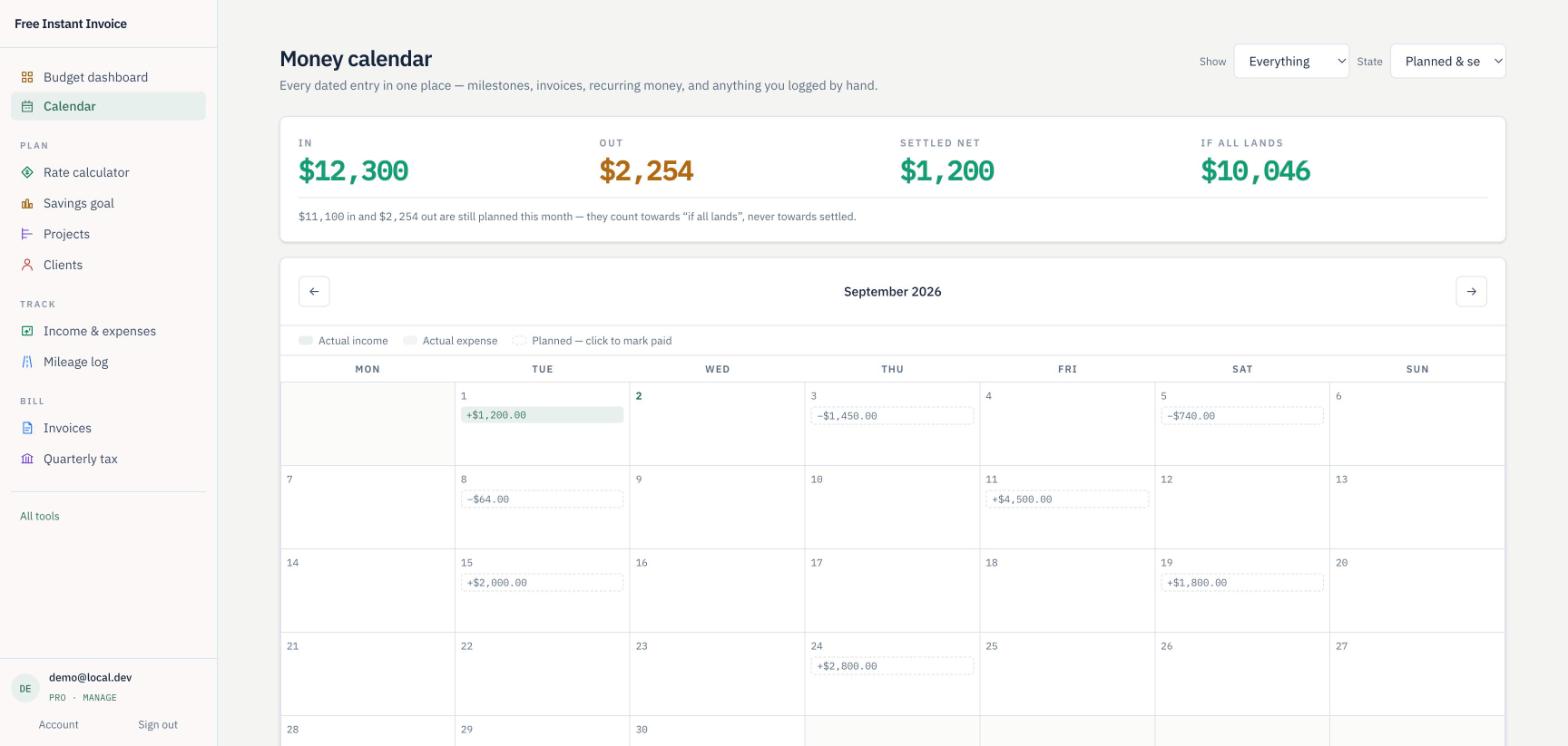 The money calendar: a month of planned and settled income and expenses on one grid.