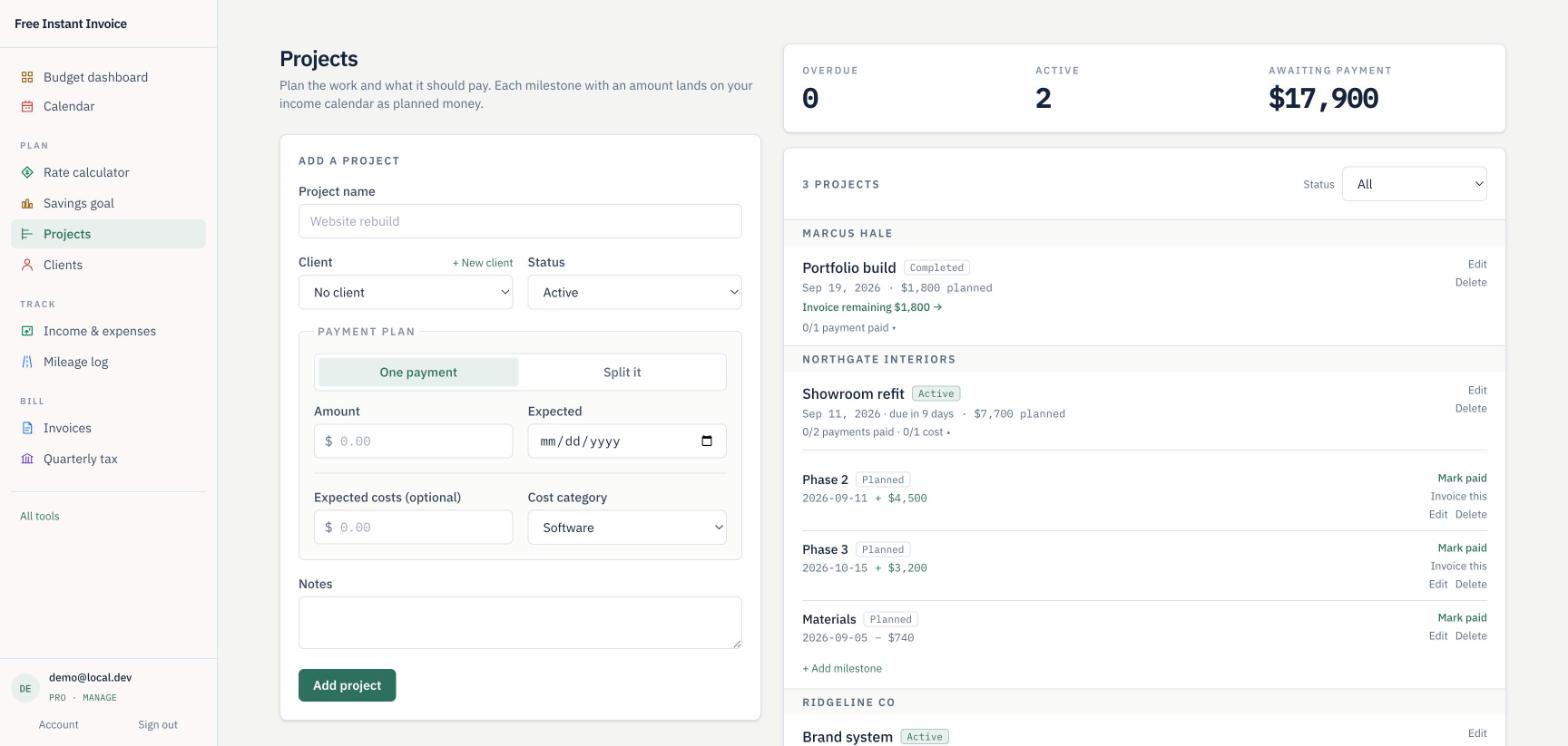 Projects and milestones: a payment plan split across dates, with what is still awaiting payment.