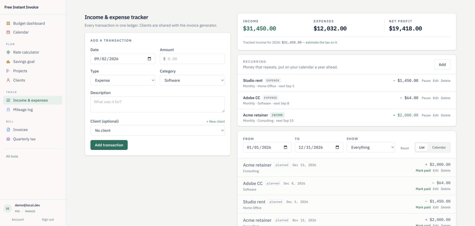 The income and expense tracker: one ledger, with recurring money listed above it.